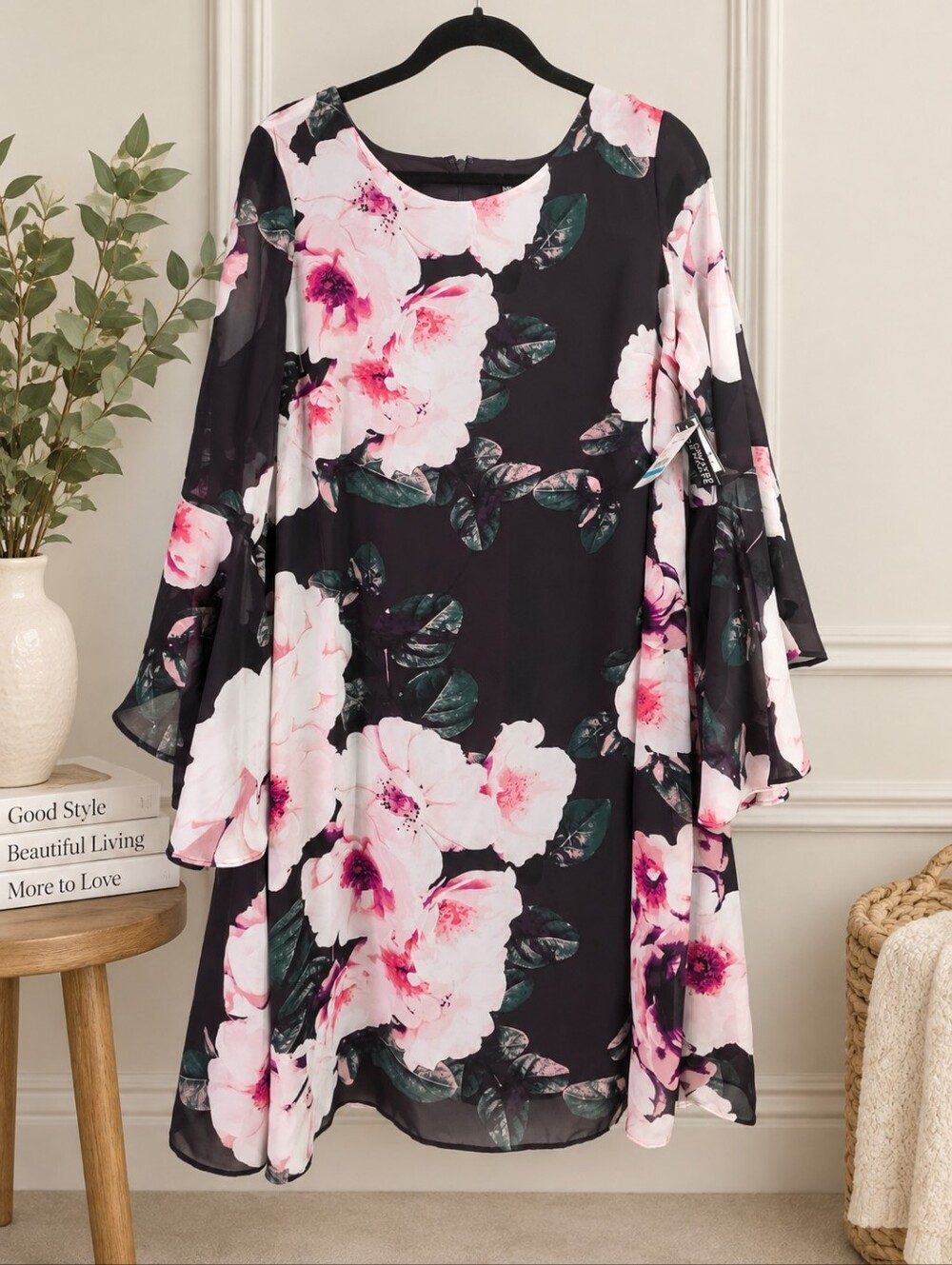 Nine West NWT Size 16 Plum Floral Chiffon Bell Sleeve Shift Dress